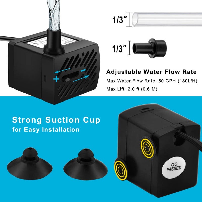 PULACO 2Pcs Mini Fountain Pump (50GPH 3W), Ultra Quiet Submersible Water Pump for Aquarium, Small Fish Tank, Pet Water Fountain, Tabletop Fountains, Water gardens and Hydroponic Systems - Image 5